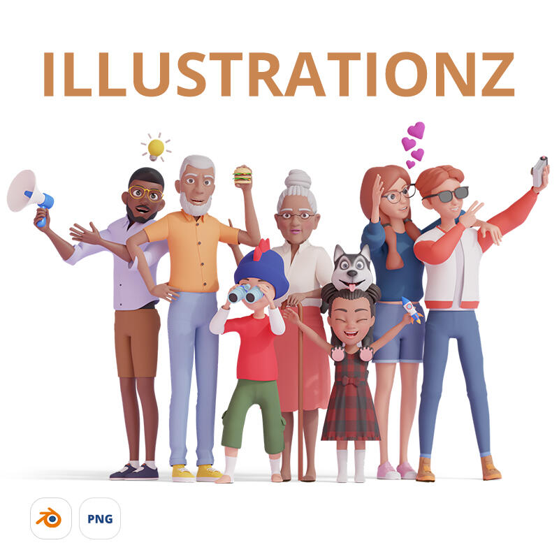 ILLUSTRATIONZ - Massive 3D library of adults, elders, kids and pets. Millions of combinations
