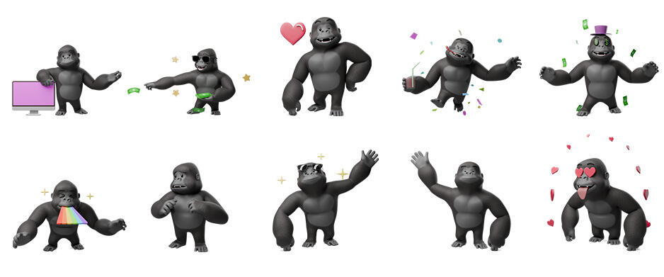 3D cartoon gorilla in various poses with various 3D objects