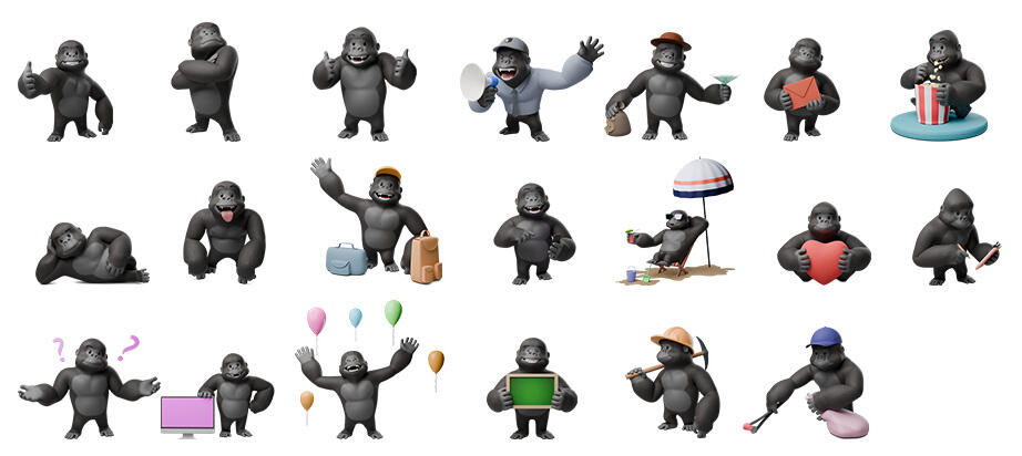 3D cartoon gorilla in various poses with various 3D objects