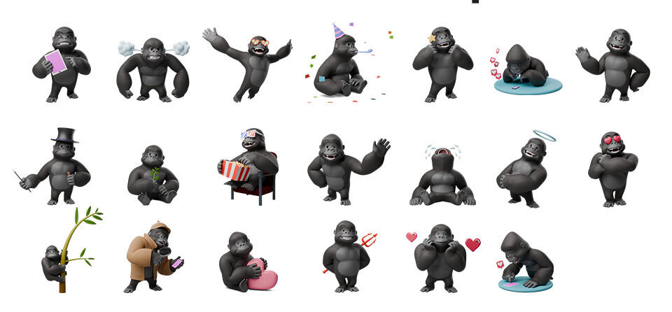 3D cartoon gorilla in various poses with various 3D objects